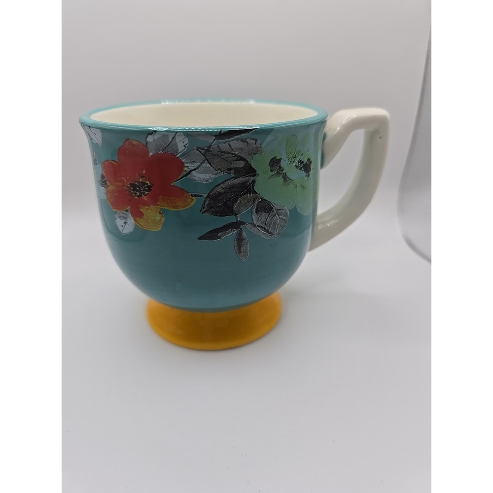 Pioneer‎ Woman Floral Turquoise and Yellow Footed Coffee Tea Mug Flowers